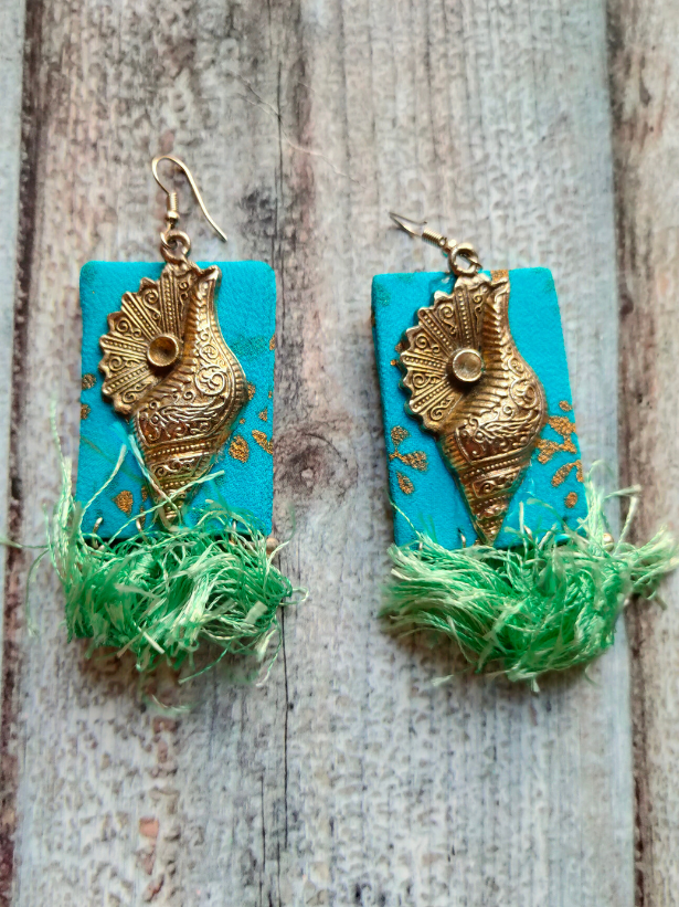 Blue Fabric and Metal Earrings with Thread Tassels