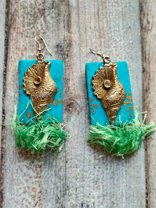 Blue Fabric and Metal Earrings with Thread Tassels