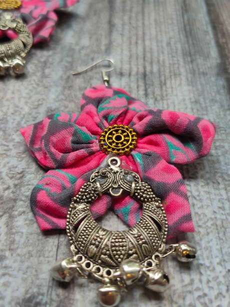 Handcrafted Pink & Grey Flower Fabric Earrings with Peacock Motif Metal Danglers