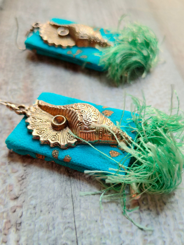 Blue Fabric and Metal Earrings with Thread Tassels