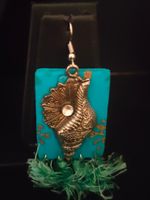 Load image into Gallery viewer, Blue Fabric and Metal Earrings with Thread Tassels
