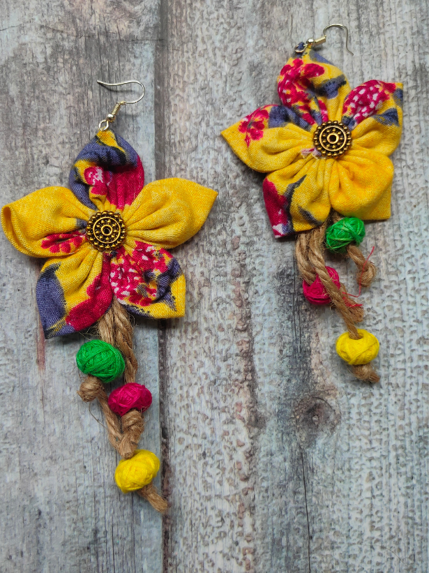 Hand Painted Yellow Fabric Earrings with Jute Danglers