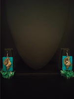 Load image into Gallery viewer, Blue Fabric and Metal Earrings with Thread Tassels
