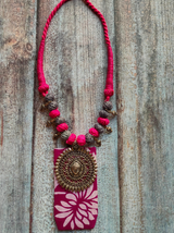 Hand Painted Fabric and Metal Pendant Necklace with Thread Closure