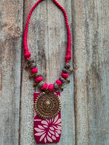 Hand Painted Fabric and Metal Pendant Necklace with Thread Closure