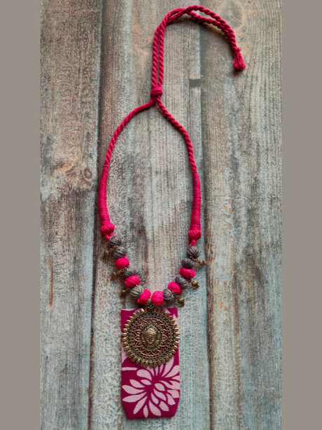 Hand Painted Fabric and Metal Pendant Necklace with Thread Closure