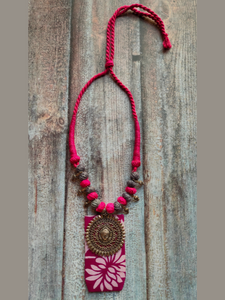 Hand Painted Fabric and Metal Pendant Necklace with Thread Closure