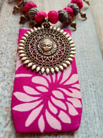Load image into Gallery viewer, Hand Painted Fabric and Metal Pendant Necklace with Thread Closure
