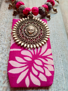 Hand Painted Fabric and Metal Pendant Necklace with Thread Closure