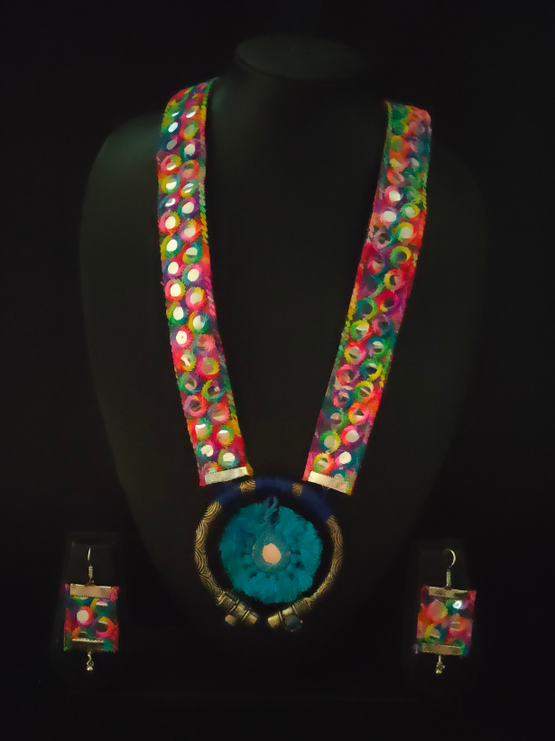 Multi-Color Fabric and Mirror Work Statement Long Necklace Set