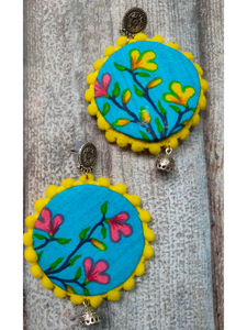 Flower Painted Sea Blue Fabric Earrings with Metal Jhumka Danglers