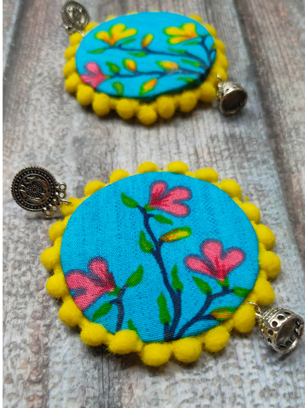 Flower Painted Sea Blue Fabric Earrings with Metal Jhumka Danglers
