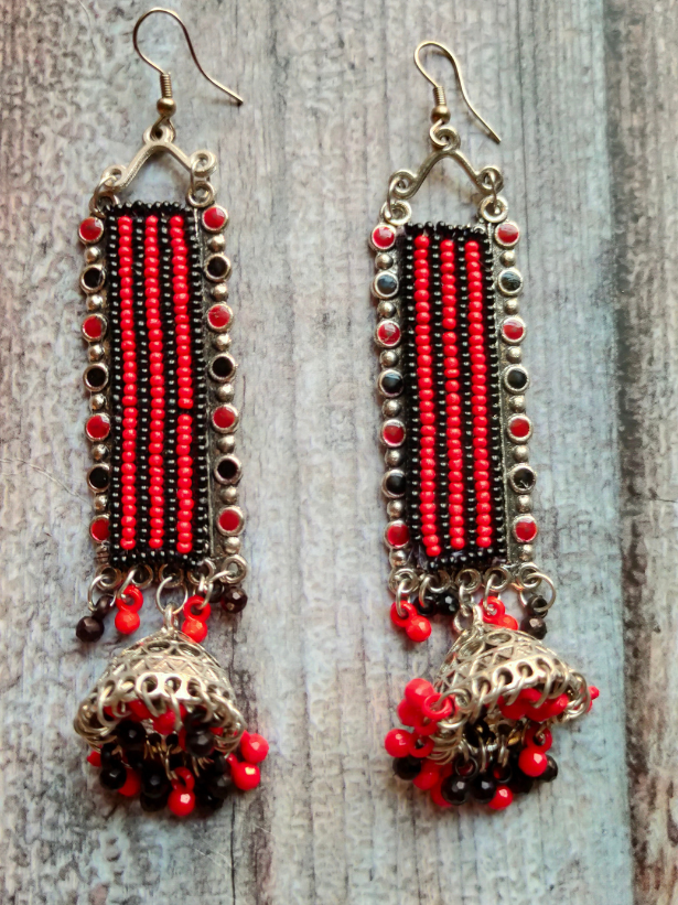Red and Black Beads Metal Dangler Earrings with Jhumka