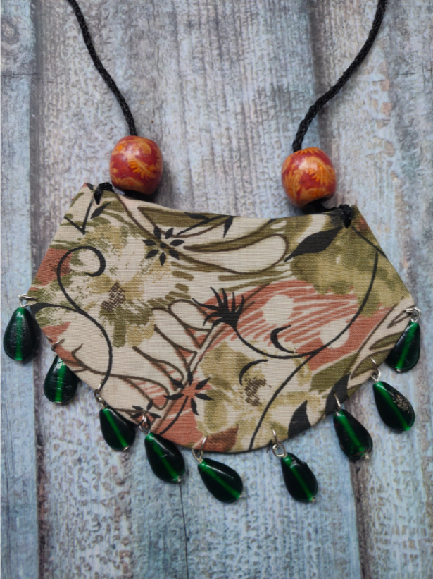 Fabric Necklace Set with Glass and Wooden Beads
