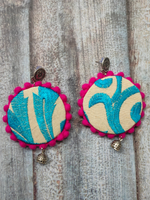 Load image into Gallery viewer, Thread Embroidery Fabric Earrings with Metal Jhumka Danglers
