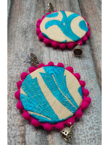 Thread Embroidery Fabric Earrings with Metal Jhumka Danglers