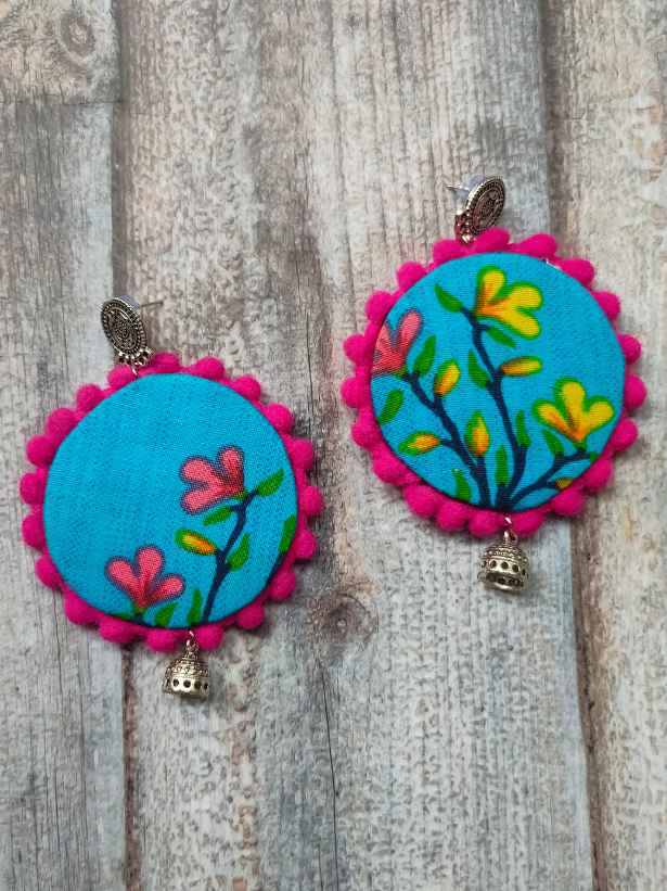 Hand Painted Blue Fabric Earrings with Metal Jhumka Danglers