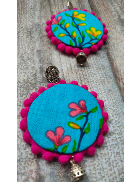 Hand Painted Blue Fabric Earrings with Metal Jhumka Danglers