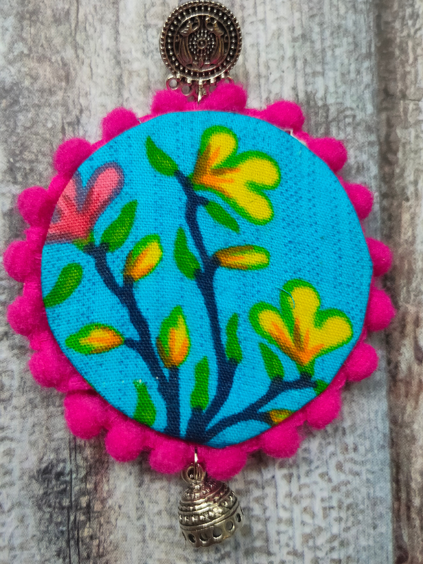 Hand Painted Blue Fabric Earrings with Metal Jhumka Danglers
