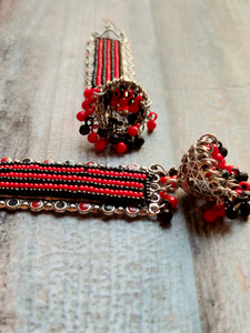 Red and Black Beads Metal Dangler Earrings with Jhumka