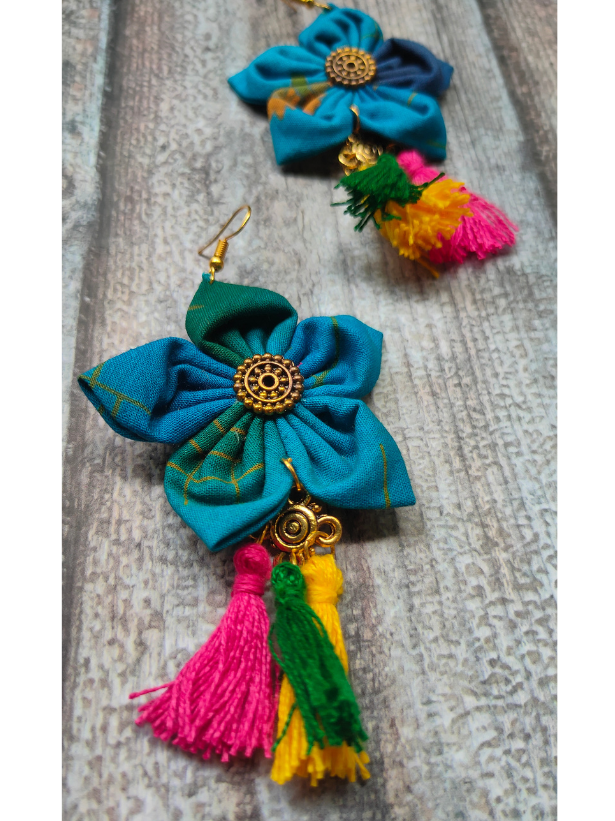 Shades of Blue Fabric Earrings with Multi Color Pom Pom Danglers