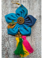 Load image into Gallery viewer, Shades of Blue Fabric Earrings with Multi Color Pom Pom Danglers
