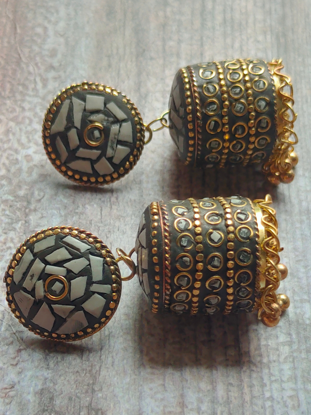 White and Black Tibetan Earrings with Metal Beads and Gold Detailing