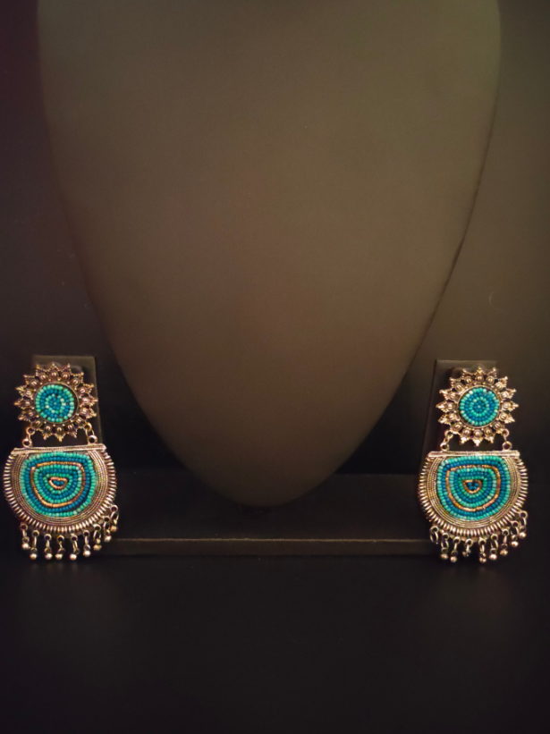 Blue Beaded Round Metal Earrings