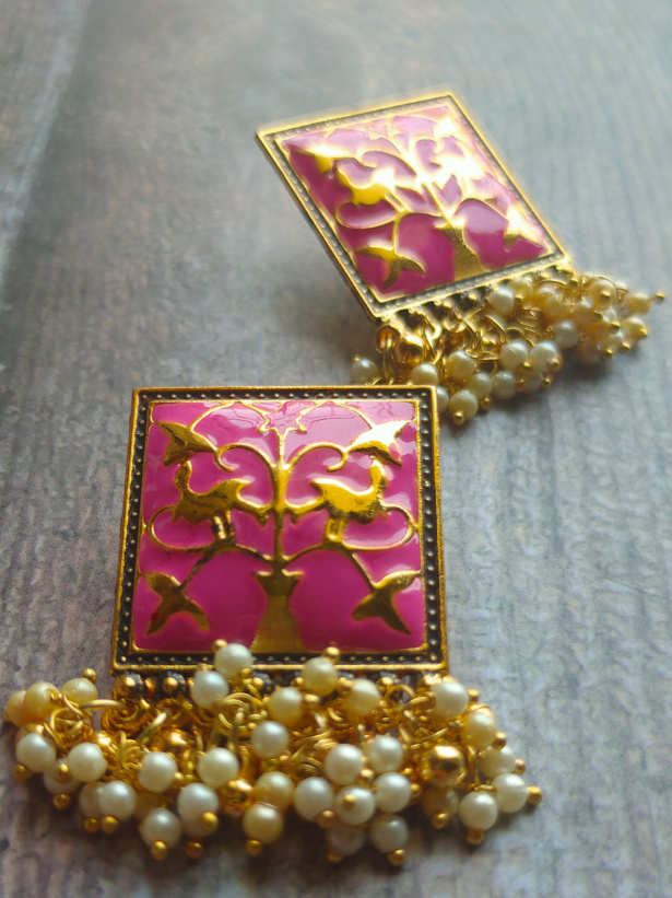 White Beads Pink Enamel Paint Earrings