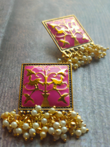 White Beads Pink Enamel Paint Earrings