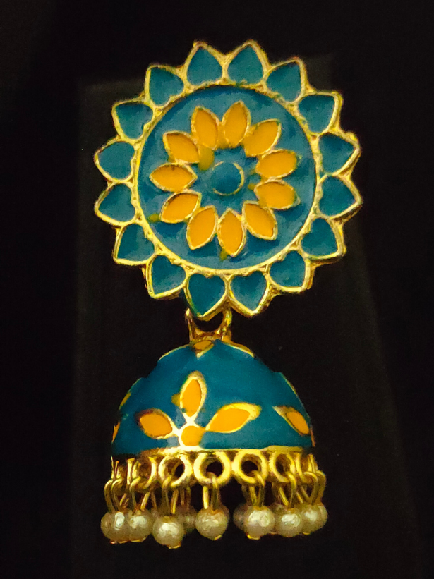 Yellow and Blue Handpainted Meenakari Jhumkas