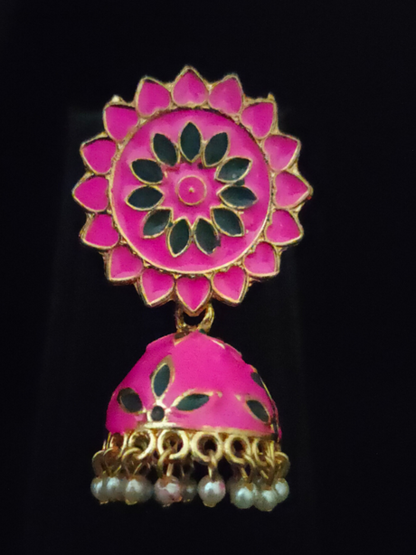 Pink and Green Handpainted Meenakari Jhumkas