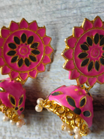 Load image into Gallery viewer, Pink and Green Handpainted Meenakari Jhumkas
