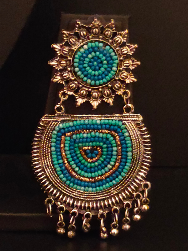 Blue Beaded Round Metal Earrings