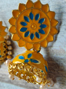 Yellow and Blue Handpainted Meenakari Jhumkas