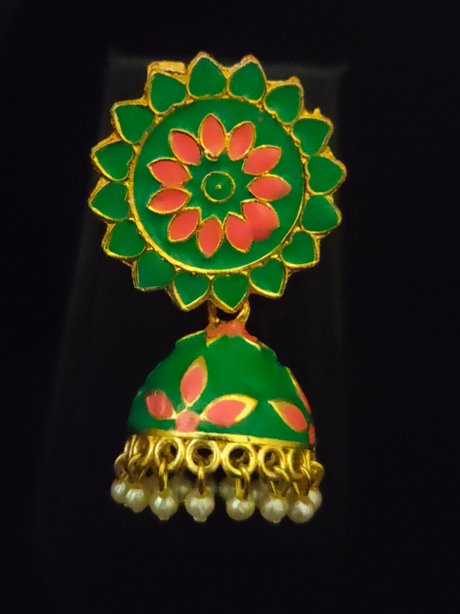 Green and Pink Handpainted Meenakari Jhumkas