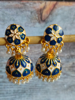 Load image into Gallery viewer, Blue and White Handpainted Meenakari Jhumkas
