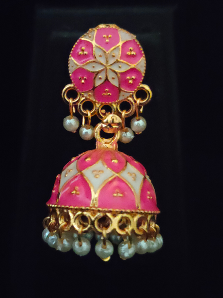 Pink and White Handpainted Meenakari Jhumkas