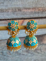 Load image into Gallery viewer, Sea Blue and White Handpainted Meenakari Jhumkas
