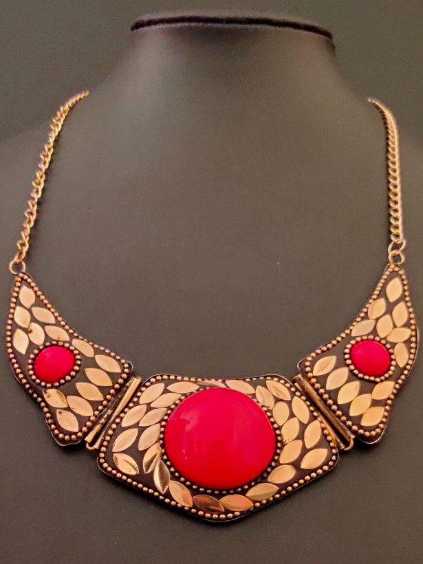 Statement Black Tibetan Necklace with Red Stone