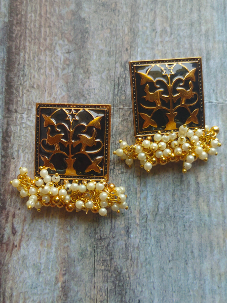 White Beads Black Enamel Paint Earrings