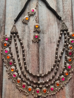 Load image into Gallery viewer, 3 Layer Pink and Orange Oxidised Silver Necklace Set with Thread Closure
