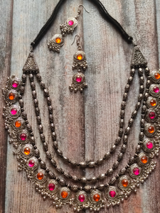 3 Layer Pink and Orange Oxidised Silver Necklace Set with Thread Closure