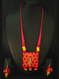 Fabric Necklace Set with Antique Gold Finish Ganesha Motif