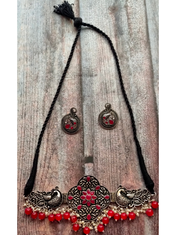 Oxidised Silver Choker Necklace Set with Rhinestones and Red Beads