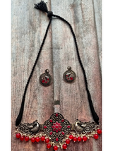 Oxidised Silver Choker Necklace Set with Rhinestones and Red Beads
