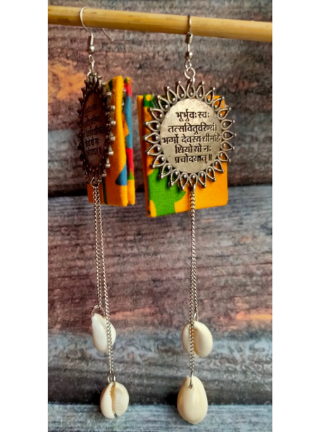 Mantra Printed Fabric Earrings with Shell Chain Strands