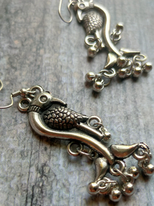 Long Chain Peacock Motif Intricate Detailing Oxidised Silver Necklace Set
