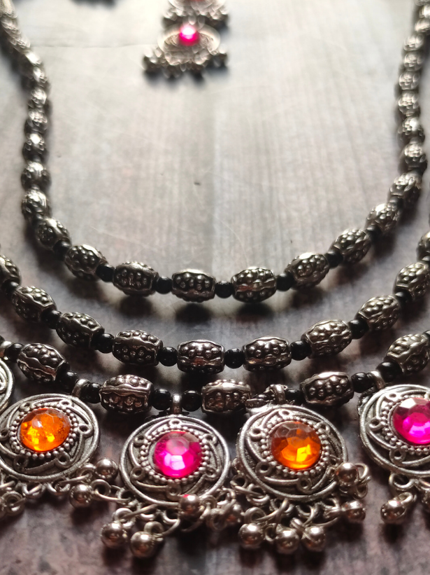 3 Layer Pink and Orange Oxidised Silver Necklace Set with Thread Closure
