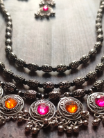 Load image into Gallery viewer, 3 Layer Pink and Orange Oxidised Silver Necklace Set with Thread Closure
